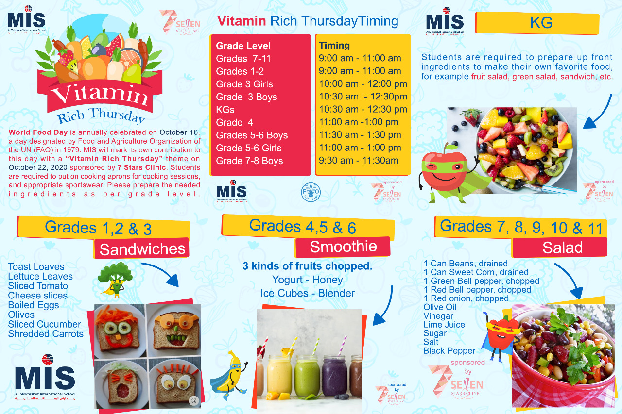 Looking forward to celebrate MIS Vitamin Rich Thursday with our dear students in reference to the mentioned timing. Please join from the Activity tab on student's dashboard. and for KGs section join from Virtual Classes tab.